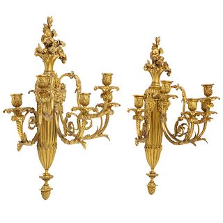 Very Fine Pair of Louis XVI Style French Ormolu Bronze Wall Appliques, Sconces