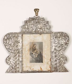 Tin Frame with Devotional Card, ca. 1870-1905