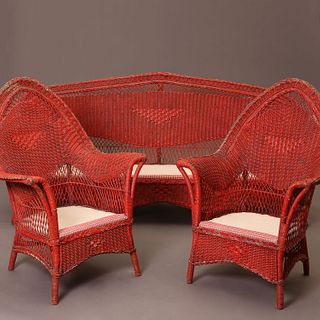 American, Red Wicker Sofa and Two Chairs, ca. 1930