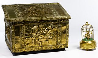Repousse Brass Covered Box and Mechanical Bird Cage