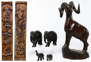 Asian Carved Wood Panel and Animal Assortment