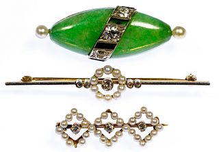14k Gold, Jadeite Jade, Pearl and Diamond Pin Assortment