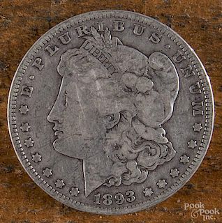Morgan silver dollar, 1893, VG-F.