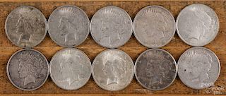 Ten silver Peace dollars, 1922-1926, various grades.
