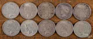 Ten silver Peace dollars, 1922-1926, various grades.