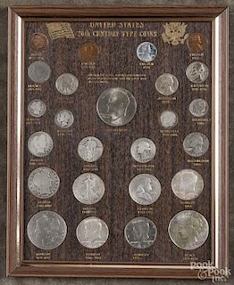 Framed collection of United States 20th Century Type Coins, various grades.
