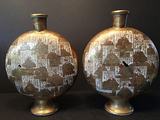 ANTIQUE Japanese large pair Satsuma Moon Flask Vases, Meiji period