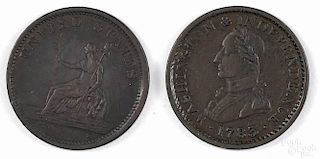 Two Washington Portrait coins, 1783, with large military bust, F-VF.