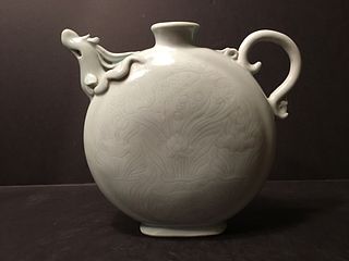 A fine Chinese Monochrome Light Grey Phoenix Form Moon Flask, Ming Mark