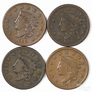 Four large cents, to include an 1832, F, an 1837, VG, an 1836, VG, and an 1838, F.