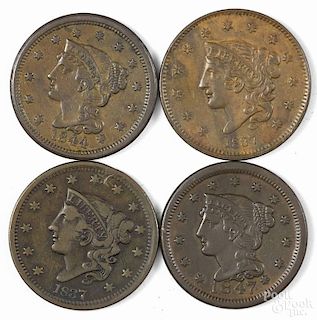 Four large cents, to include two 1837, F-VF and VG-F, an 1844, F-VF, and an 1847, V-VF.