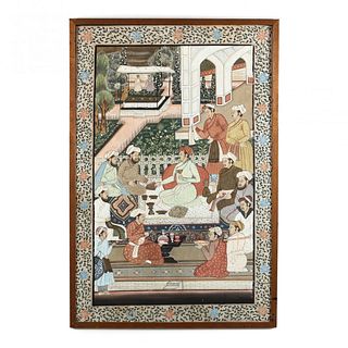 Large Vintage traditional Indian Mughal painting, first half of the 20th century, gouache on silk. 46 x 31 in