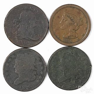Four half cents, to include an 1804, AG, an 1826, FR, an 1828, FR, and an 1850, VG.