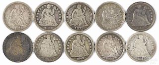 Ten Seated Liberty dimes, to include an 1849, VG, an 1858, VG, an 1851, VG, three 1853 with arrows