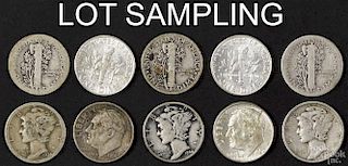 Two hundred U.S. silver dimes, to include 105 Mercury dimes and ninety-five Roosevelt dimes, average