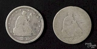Two twenty-cent coins, to include an 1875 S, F, and an 1875 CC, G.