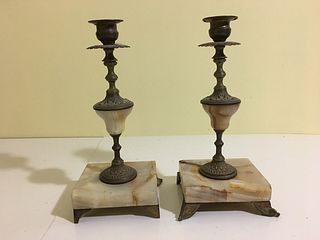 OLD pair Bronze and stone lamp stands