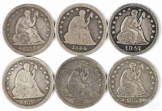 Six Seated Liberty quarters, to include an 1844 O, G, an 1847 F-VF, an 1853 with arrows and rays