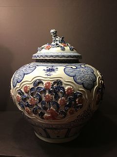 A Fine Chinese Large Blue and White Plus Red Glaze Jar,  13 1/2" x 13 1/2" wide