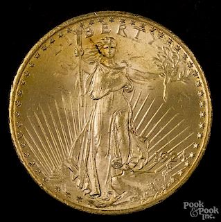 Twenty dollar Saint Gaudens gold coin, 1924, uncirculated.