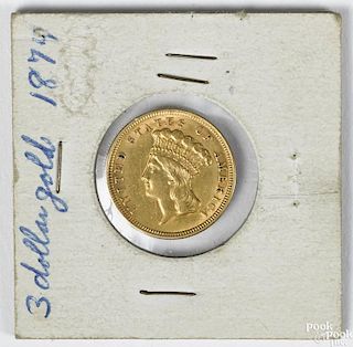 Three dollar gold coin, 1854, XF.