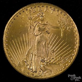 Twenty dollar Saint Gaudens gold coin, 1927, uncirculated.