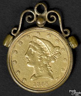 Five dollar gold coin, 1865 S, in a bezel, VF-XF.