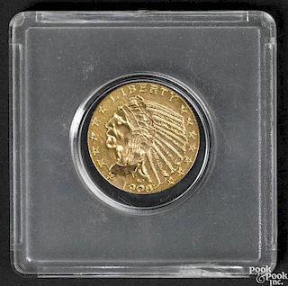 Indian Head five dollar gold coin, 1908, AU.