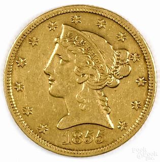 Five dollar gold coin, 1855 S, XF.
