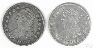 Two Cap Bust silver half dollars, 1809, VG.