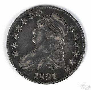 Cap Bust silver half dollar, 1821, VF, with dark toning.