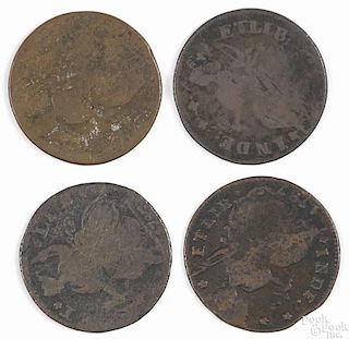 Four Connecticut colonial coins, 1787, F-AG.
