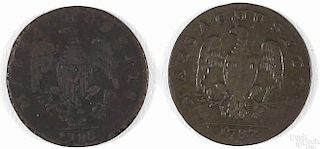 Two Massachusetts colonial coins, 1787 and 1788, G.