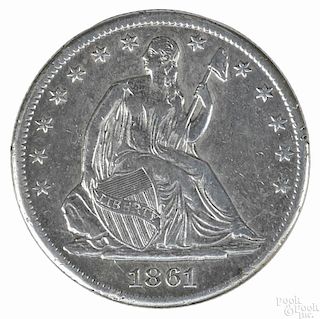 Seated Liberty half dollar, 1861 S, VF-XF, cleaned.