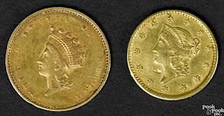 Two one dollar gold coins, to include an 1851, type 1, with damage, and a 1855, type 2, XF-AU.