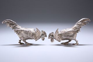 A PAIR OF LATE VICTORIAN SILVER COCKEREL-FORM PEPPERETTES, LONDON 1883, eac
