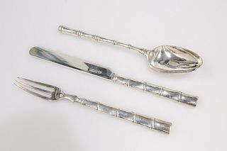 AN EDWARDIAN SILVER THREE PIECE CHRISTENING SET WITH "BAMBOO" HANDLES, WILL