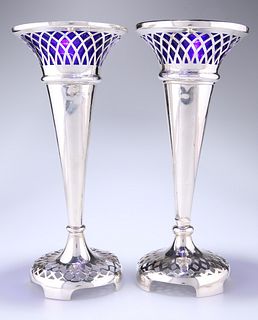 A PAIR OF LARGE GEORGE V SILVER TRUMPET VASES, BIRMINGHAM 1911, each with l