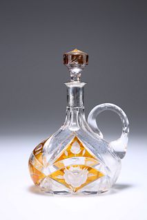 A BOHEMIAN SILVER-COLLARED AMBER FLASH GLASS DECANTER, of flask form, the c