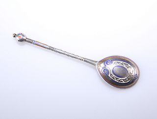 A RUSSIAN SILVER AND CHAMPLEVE ENAMEL SPOON, SECOND HALF, 19th CENTURY, the