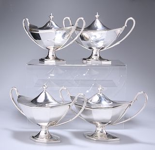 A SET OF FOUR GEORGE III SILVER TWIN-HANDLED SAUCE TUREENS, HENRY CHAWNER, 