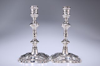 A PAIR OF HANDSOME GEORGE II SILVER CANDLESTICKS, MARY GOULD (MRS JAMES GOU