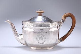 A GEORGE III SILVER TEAPOT, JOHN EMES, LONDON 1803, oval, with a band of br