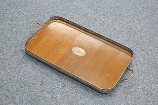 A LATE VICTORIAN SILVER AND SILVER-PLATE MOUNTED OAK GALLERIED TRAY, BIRMIN