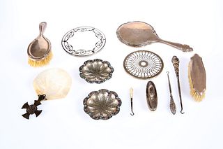 A GROUP OF SILVER AND PLATE, including nail buffer, pair of enamel decorate