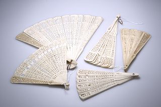 A GROUP OF FIVE CHINESE PIERCED BONE FANS, EARLY 20th CENTURY, of similar d