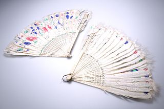 TWO 19th CENTURY CHINESE BONE AND FEATHER FANS, each with engraved ivory gu