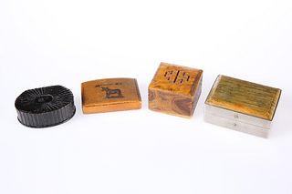 A 19TH CENTURY NOVELTY SNUFF BOX, "AXE MY ASS", together with THREE FURTHER