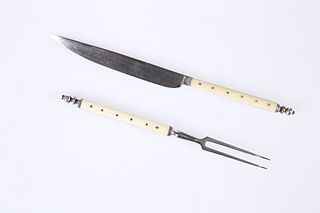 AN IVORY-MOUNTED KNIFE AND FORK, c. 1800, each with slender ivory handle an