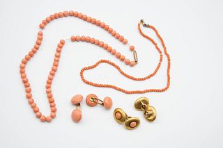 A COLLECTION OF CORAL JEWELLERY, to include two pairs of cufflinks and two 